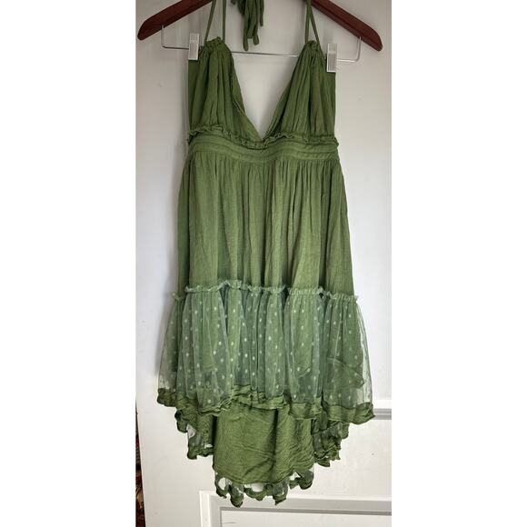 Boho Fairy Patchwork Swing Mini Dress Green Lace Polka Dot M - Picture 7 of 8